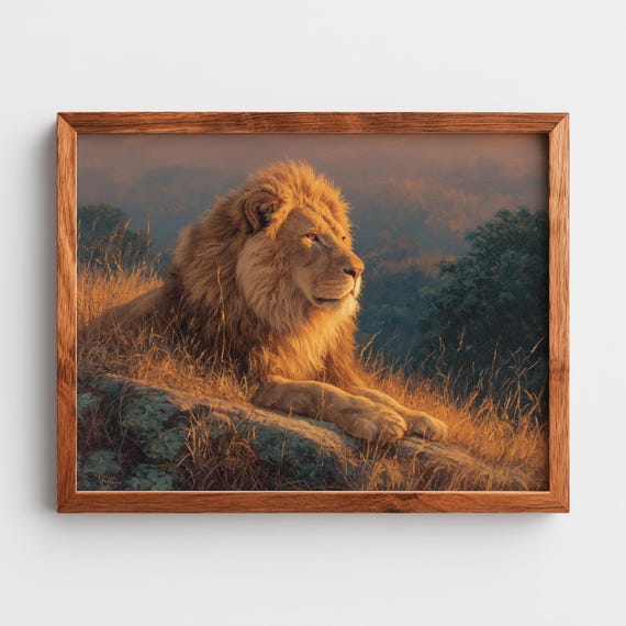 Majestic Golden Lion At Sunset Wildlife Oil Painting Rustic Nature Wall Art Regal Animal Decor Print 47