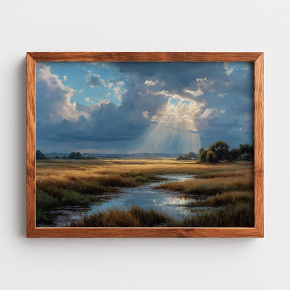 Serene Open Field With Stream Moody Landscape Painting Realistic Dramatic Light Wall Art For Home Decor 253