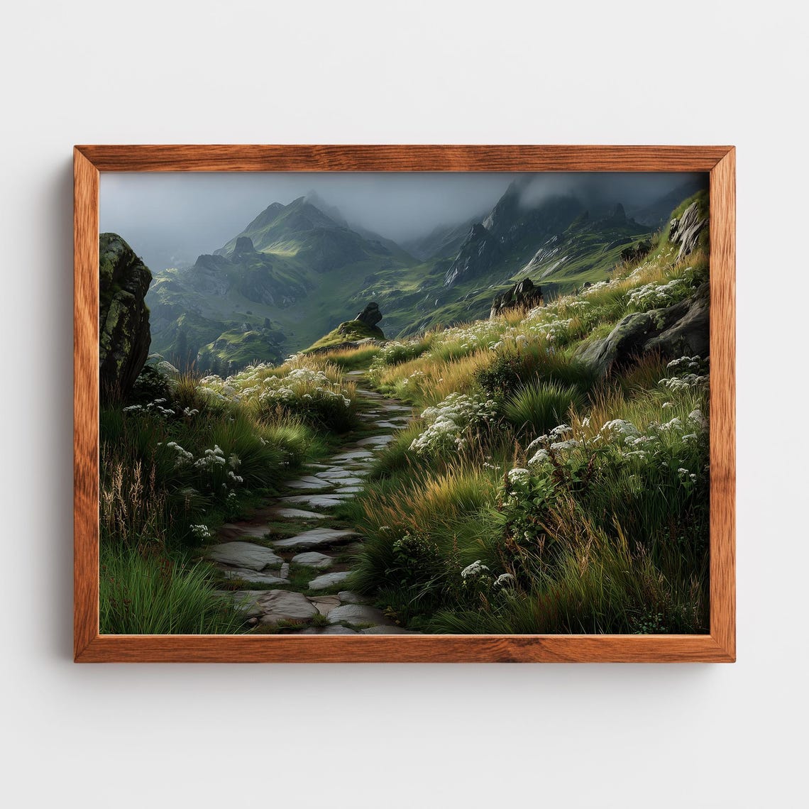 Misty Mountain Valley Stone Path Through Wildflower Meadows Poster