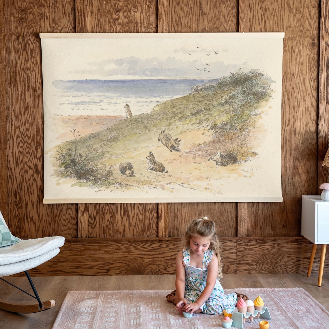 Playful Bunnies Beach Dunes Watercolor Kids Nursery Wall Poster - Image 2