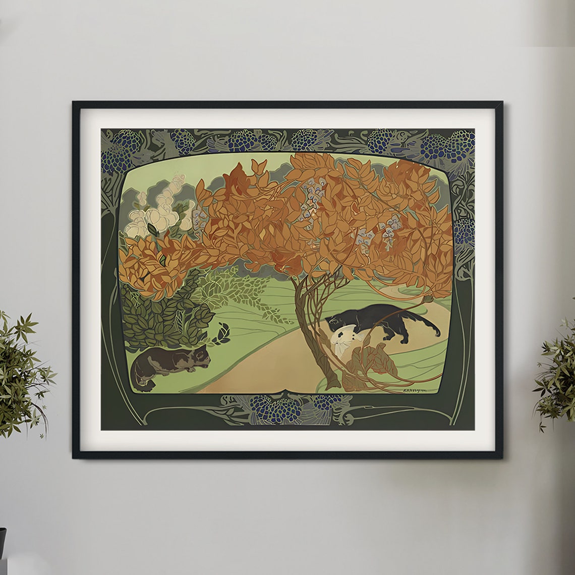 Art Nouveau Cats Poster, Paris Floral Tree Print