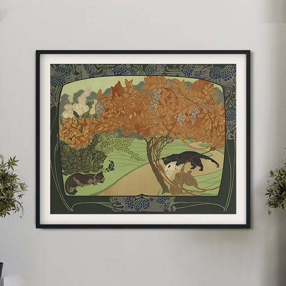 Art Nouveau Cats Poster, Paris Floral Tree Print