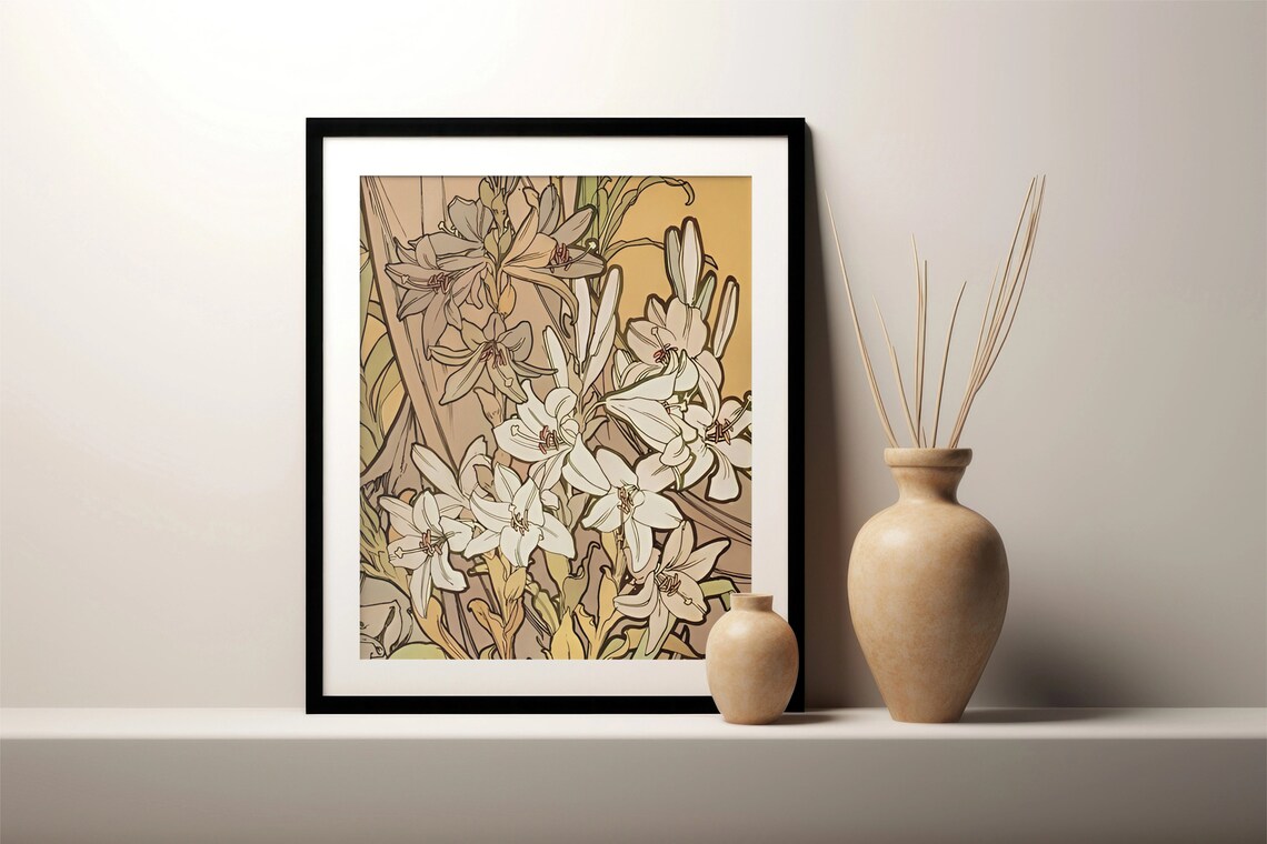 Mucha Style Lily Blossoms Beige Yellow Art Nouveau Floral Poster - Image 2