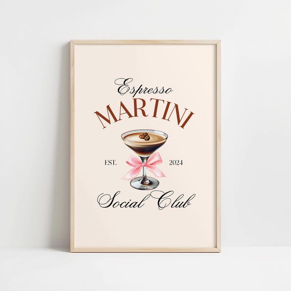 Espresso Martini Social Club Wall Art Print Trendy Martini Pink Bow Poster Decor Bar Cart Decor Coquette Martini Wall Art