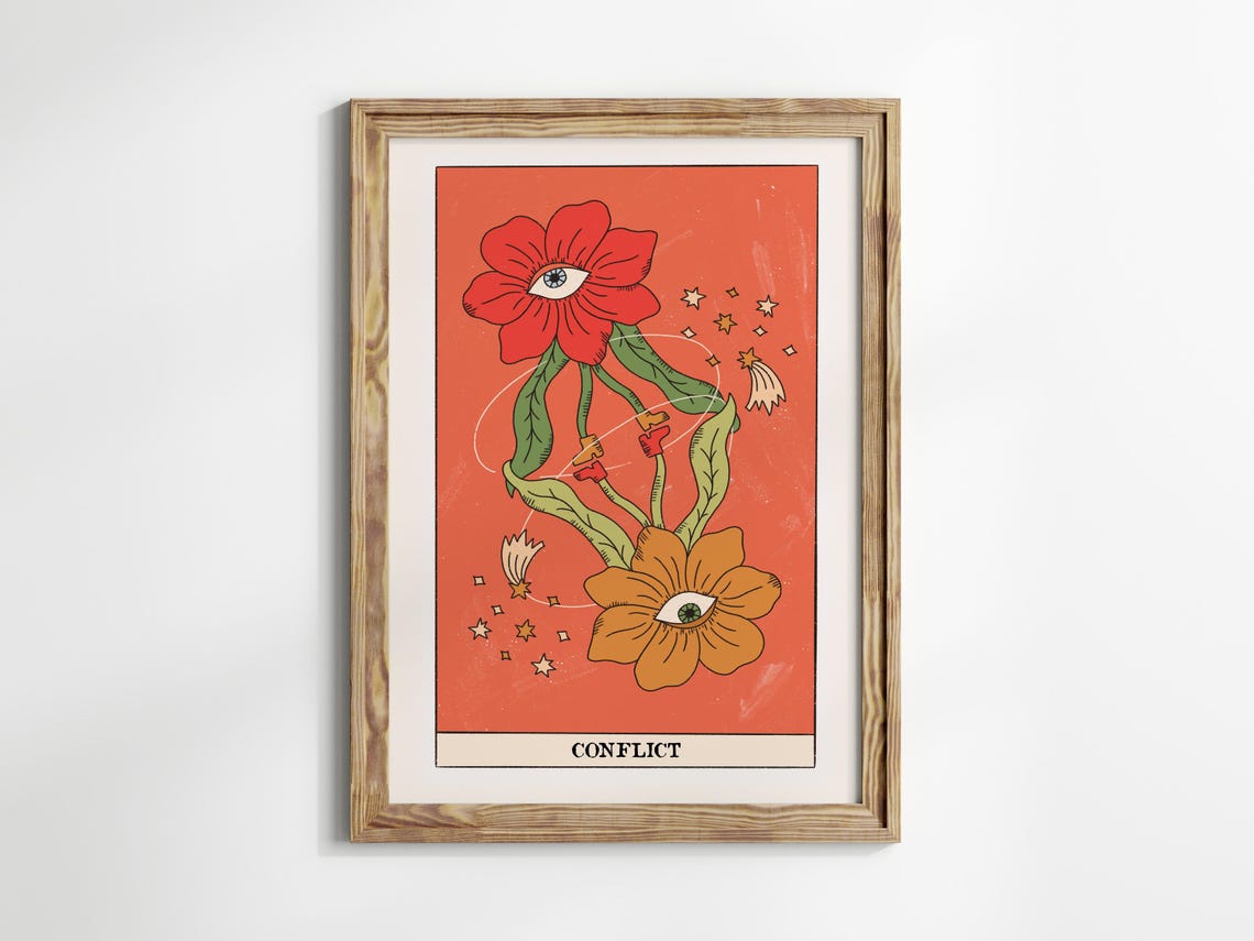 Conflict Tarot Card Surreal Eye Flowers Celestial Mystic Wall Art - Image 2