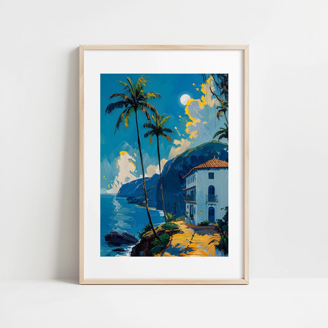 Tropical Coastal Moonlit Sunset White Villa Palm Trees Poster