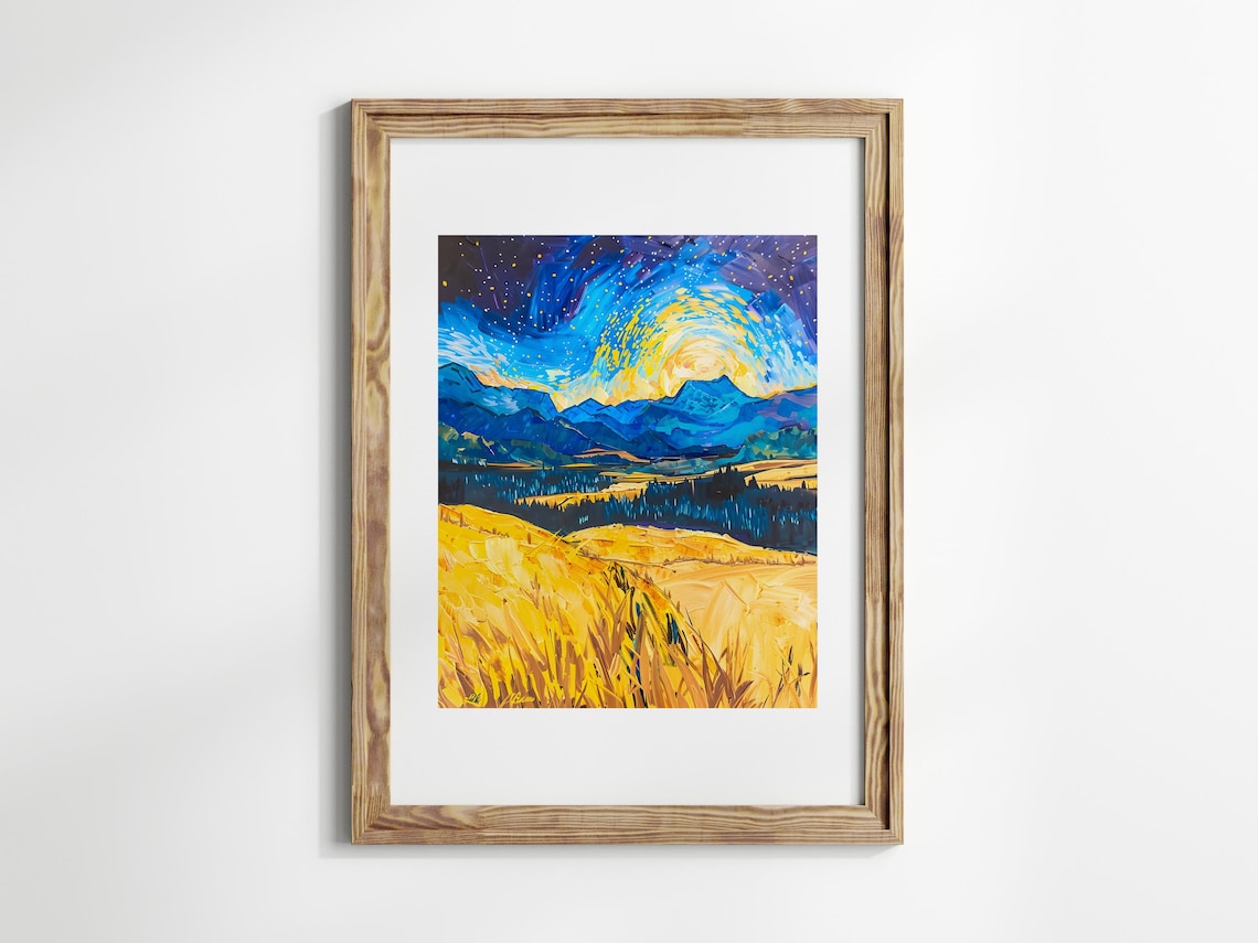Van Gogh Inspired Starry Swirling Night Sky Over Golden Mountain Art Print - Image 2