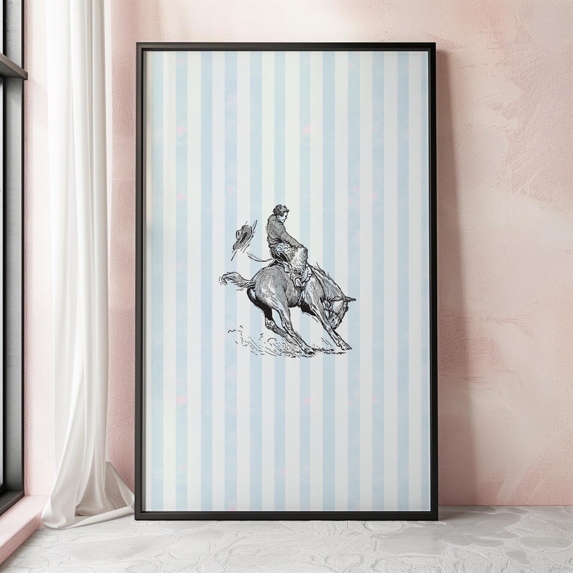 Western Cowboy Bucking Horse Vintage Line Art Blue Striped Poster - Image 3