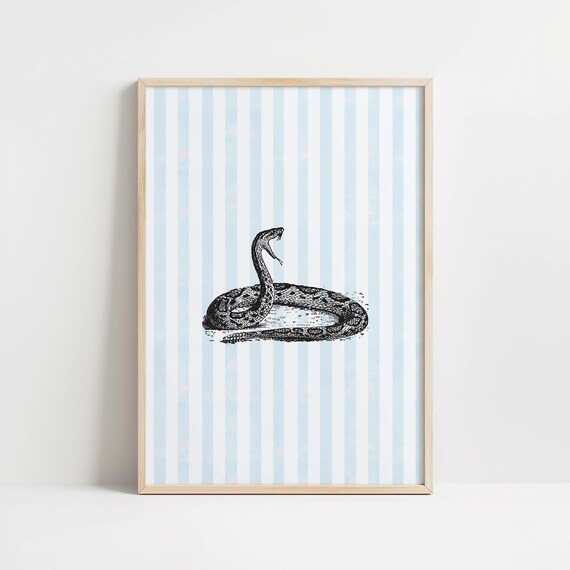 Vintage Engraved Snake Illustration Blue Striped Coastal Wall Art