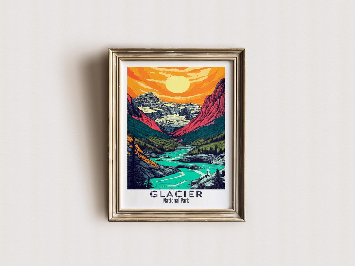 Glacier National Park Orange Sunset Glacier Valley Travel Poster - Image 2