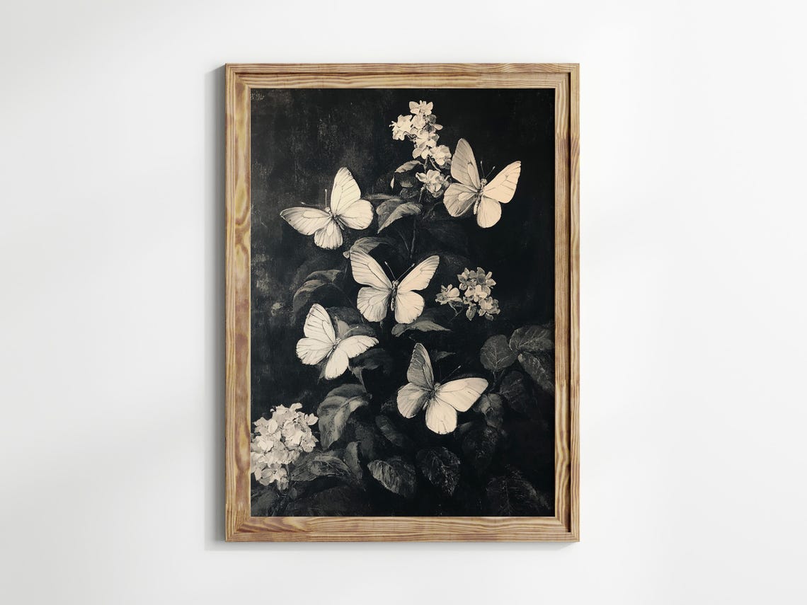 White Butterflies Night Blossom Moody Botanical Artwork Print - Image 2