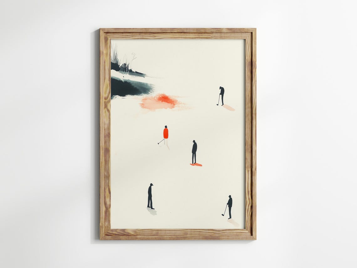 Tiny Golfers Silhouettes Minimalist Watercolor Golf Course Poster - Image 2