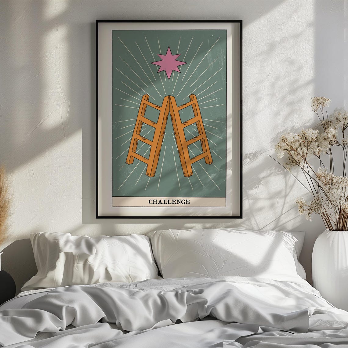 Challenge Tarot Card Art with Wooden Ladders and Pink Star Poster - Image 2
