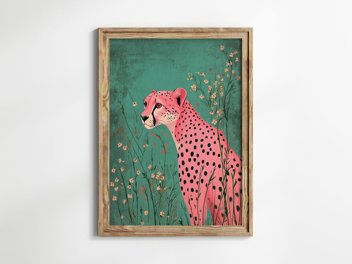 Pink Cheetah Wildflowers Maximalist Jungle Animal Art Poster - Image 2