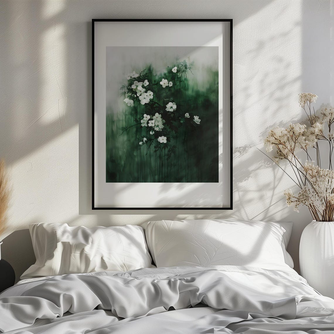 Minimalist White Flower Serene Moody Green Botanical Art Poster - Image 3