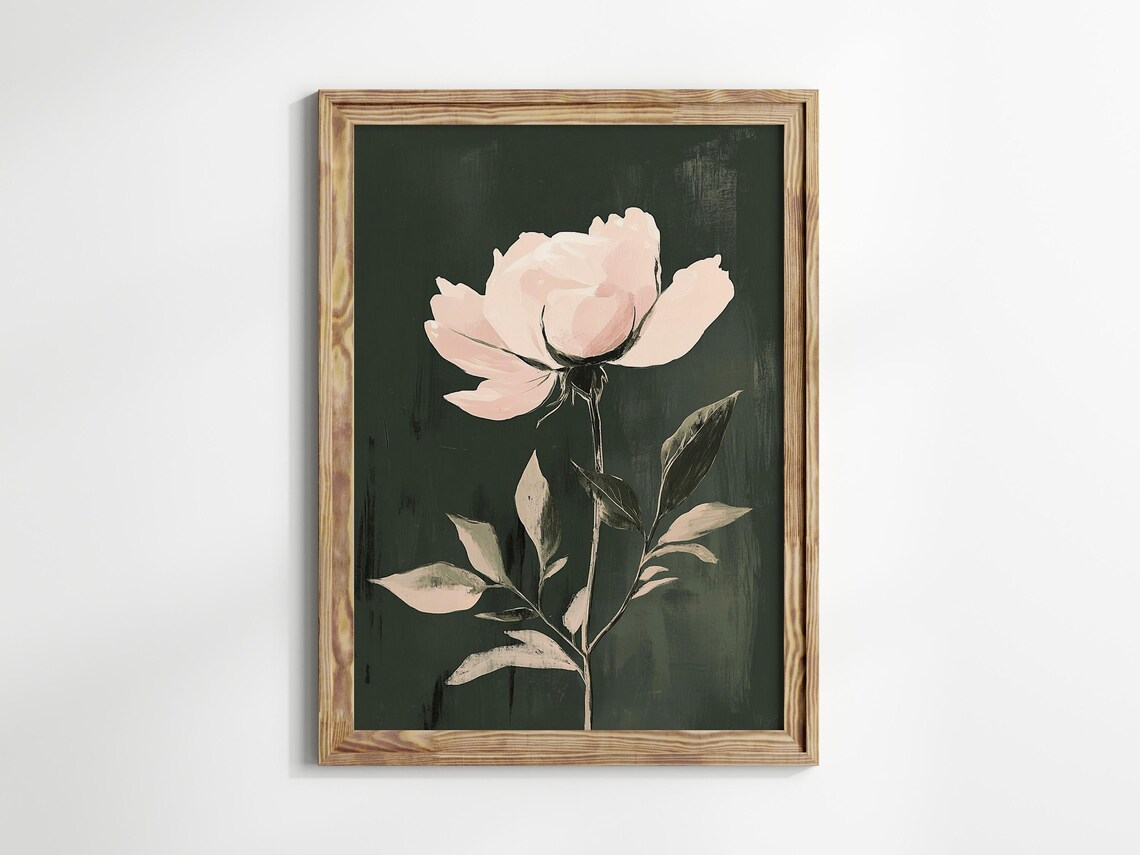 Blush Pink Peony Single Bloom Moody Dark Botanical Floral Wall Art - Image 2