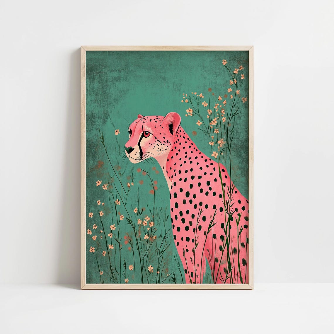 Pink Cheetah Wildflowers Maximalist Jungle Animal Art Poster