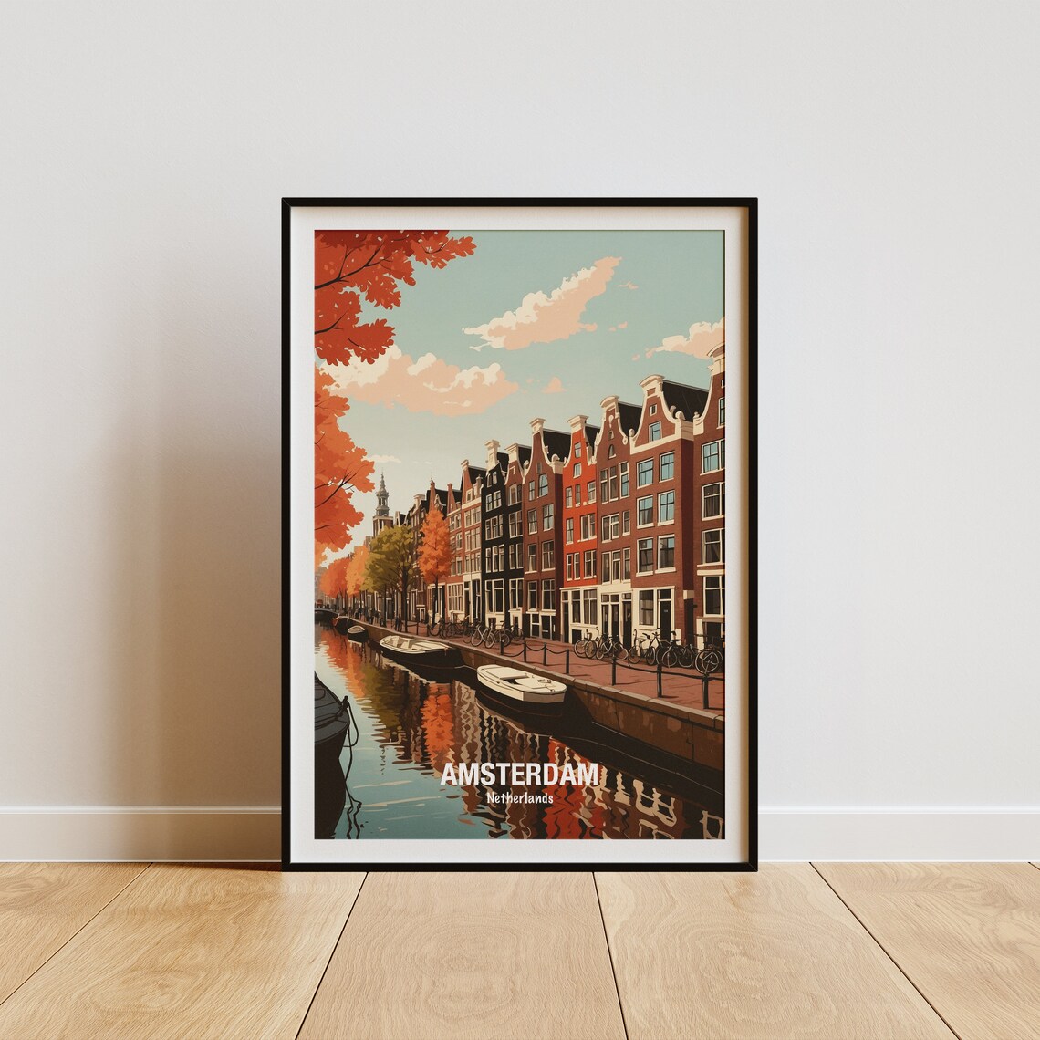 Amsterdam Netherlands Autumn Canal Houseboats Golden Glow Poster