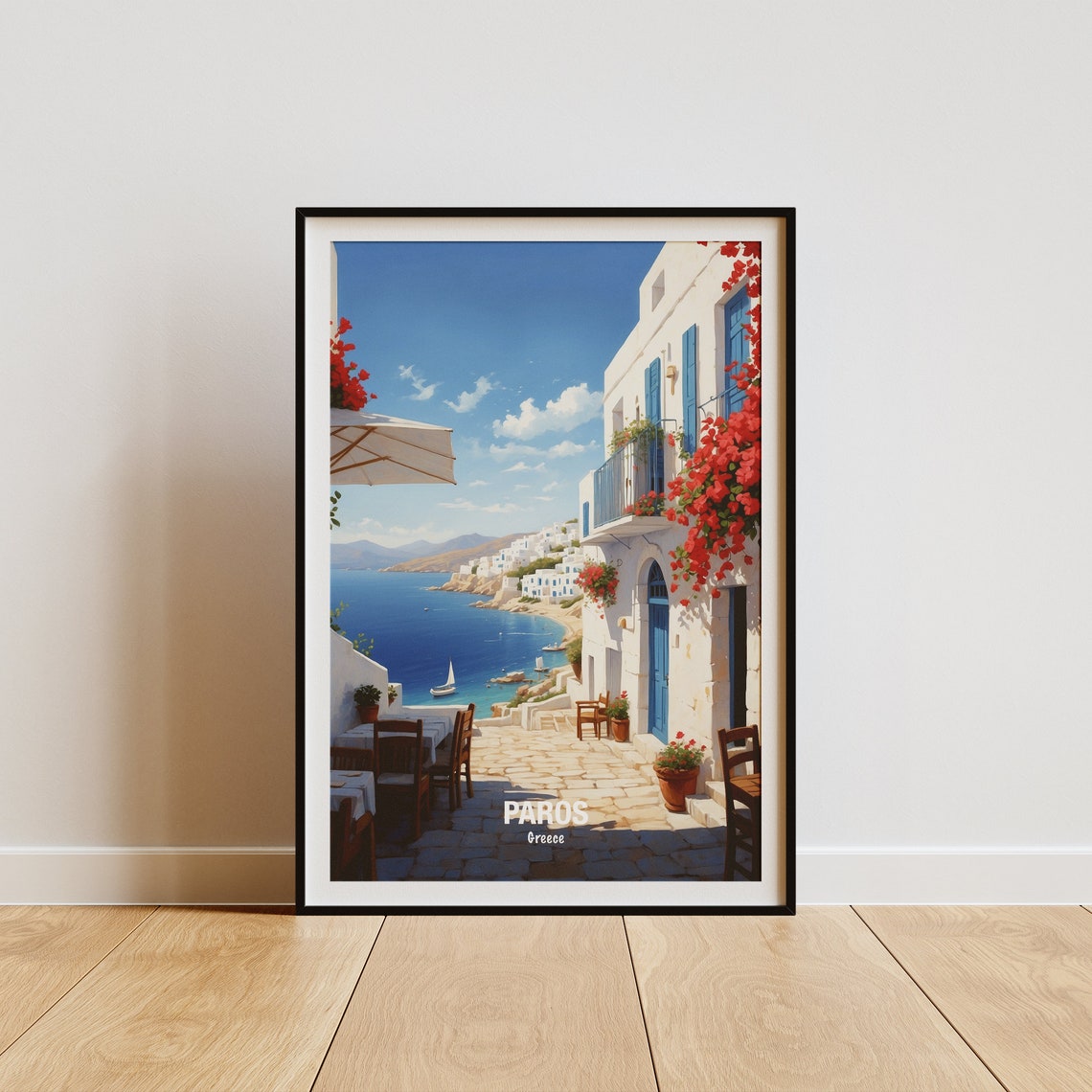 Paros Greece Seaside Cafe Terrace With Red Bougainvillea Poster