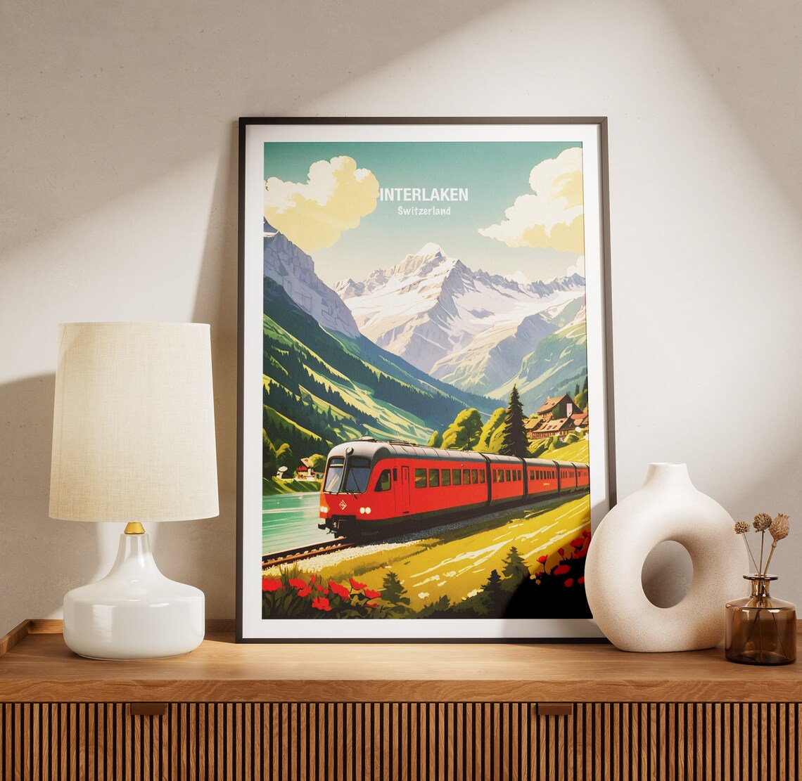 Interlaken Red Swiss Train Through Alpine Valley Travel Poster - Image 3