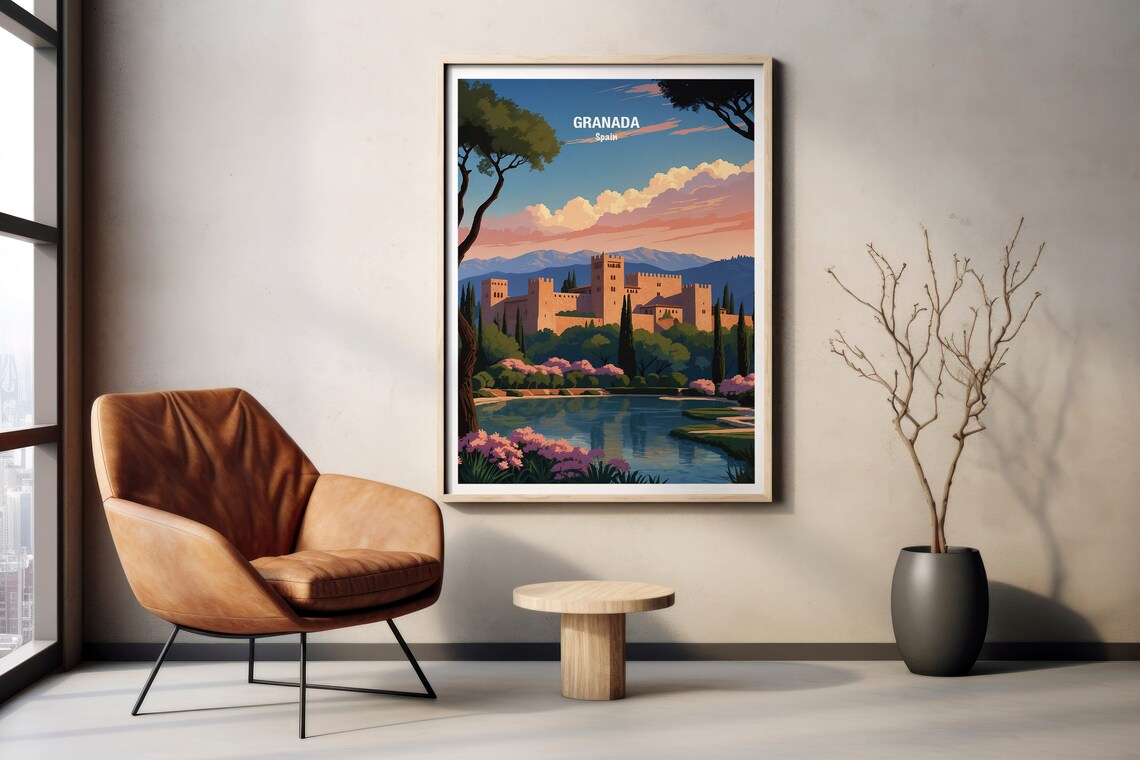 Granada Spain Alhambra Palace Sunset Pink Blossom Lake Poster - Image 2