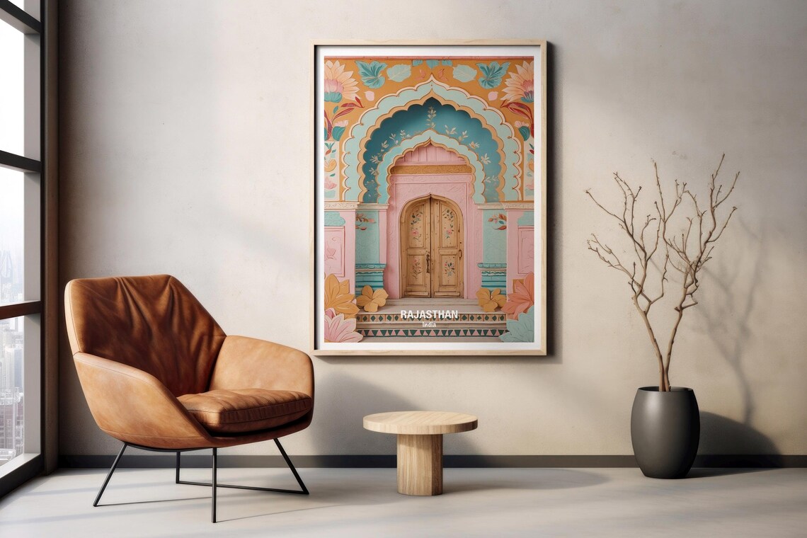 India Rajasthan Ornate Painted Archway Floral Palace Door Poster - Image 2
