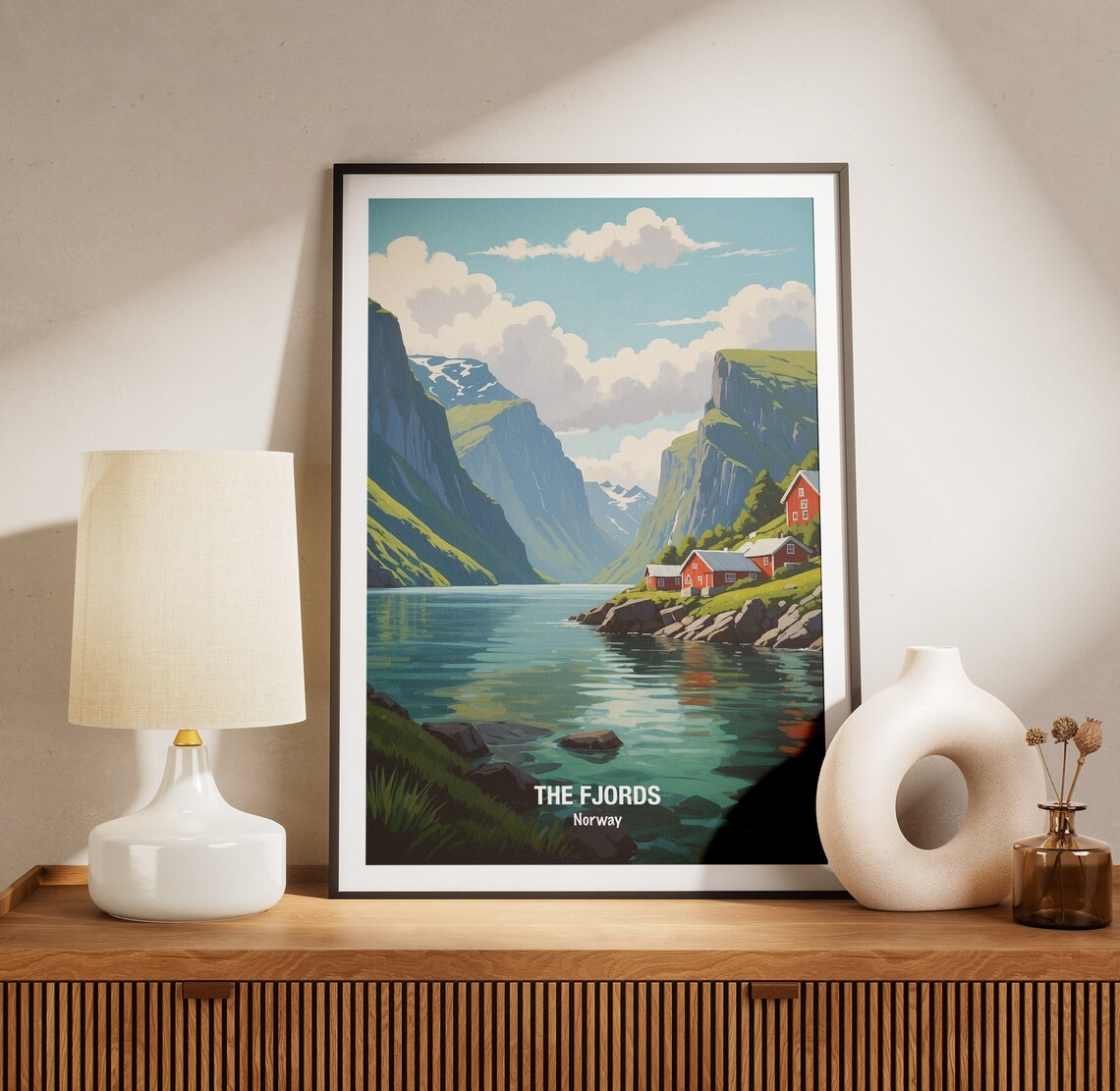 Norway Fjords Red Cabins Mountain Lake Scenic Vintage Poster - Image 3