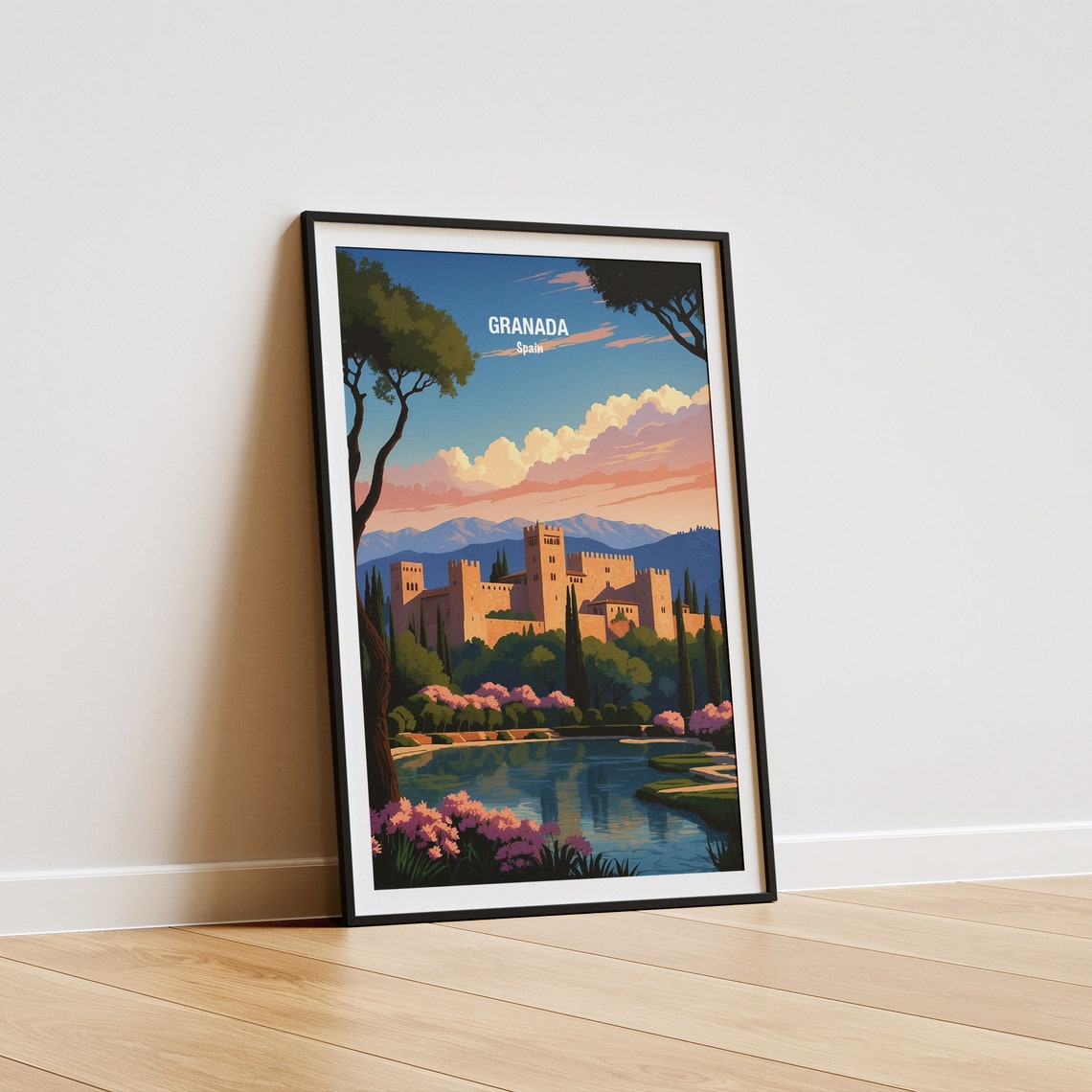 Granada Spain Alhambra Palace Sunset Pink Blossom Lake Poster - Image 5
