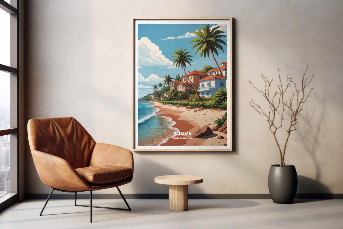 Panama Palm Lined Beach And Coastal Village Sunset Travel Poster - Image 2
