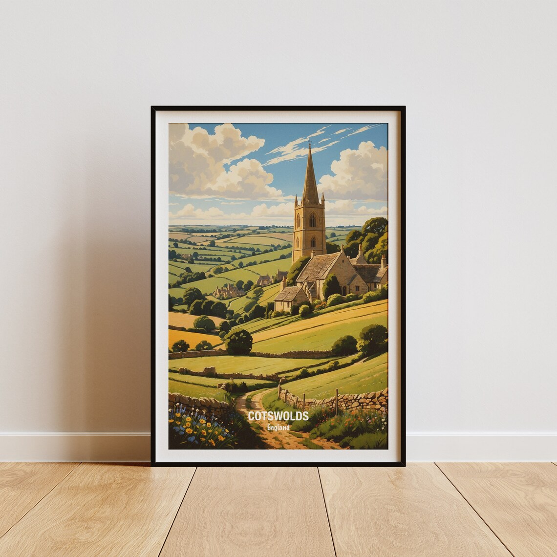 Cotswolds Village Church Rolling Hills England Travel Poster