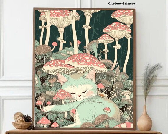 Sleeping Mint Cat Among Giant Mushrooms Cottagecore Art Poster