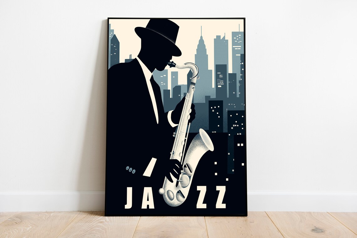Jazz Saxophonist Silhouette Against the Night Skyline Poster