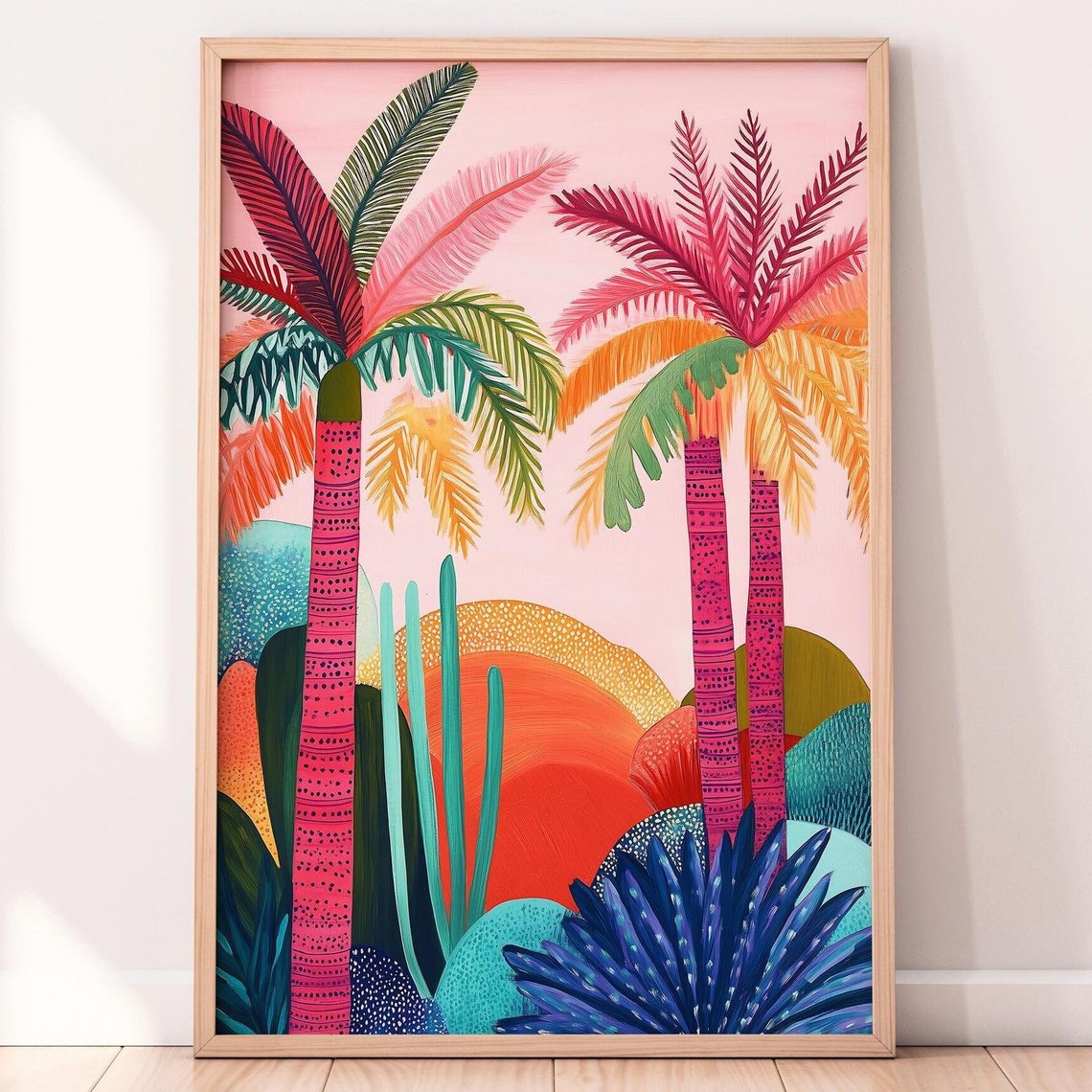 Pink Palm Trees Preppy Maximalist Bright Tropical Sunset Art Print - Image 3