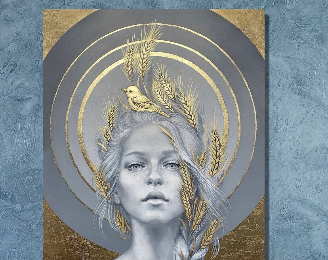 Gold Girl Metallic Portrait Wheat Stalks Golden Bird Luxury Wall Art