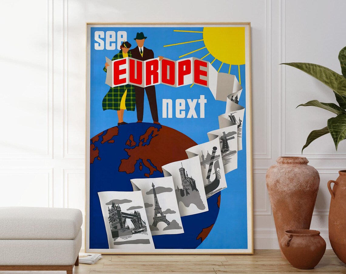 See Europe Next Travel Poster Vintage Vibrant Wall Art Print Europe Travel Lovers Gift Colourful Retro Europe Tourist Artwork Minimalist