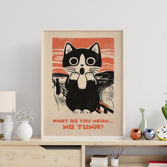 Funny Cat Wall Art Quirky Poster For Kitchen Bathroom Office Cute Black Print