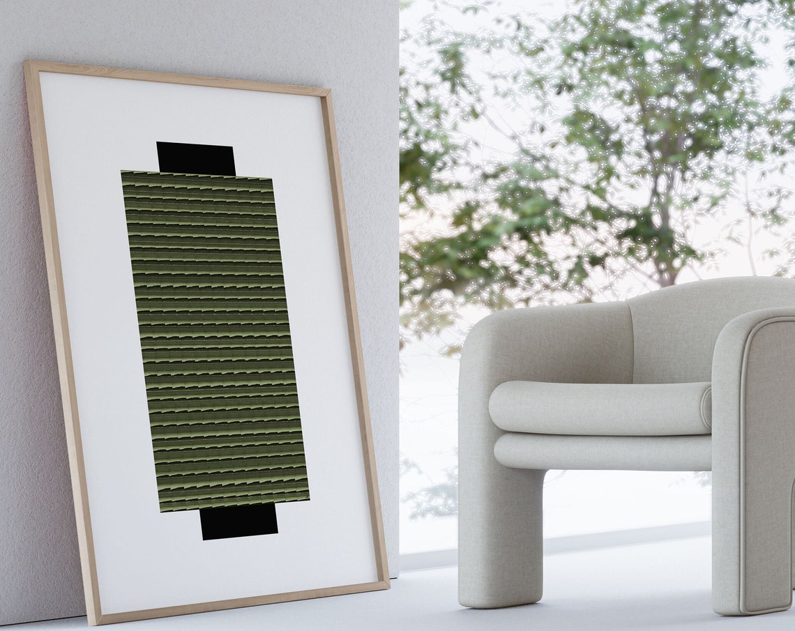 Olive Green Lined Column Minimalist Black White Artwork Poster - Image 3