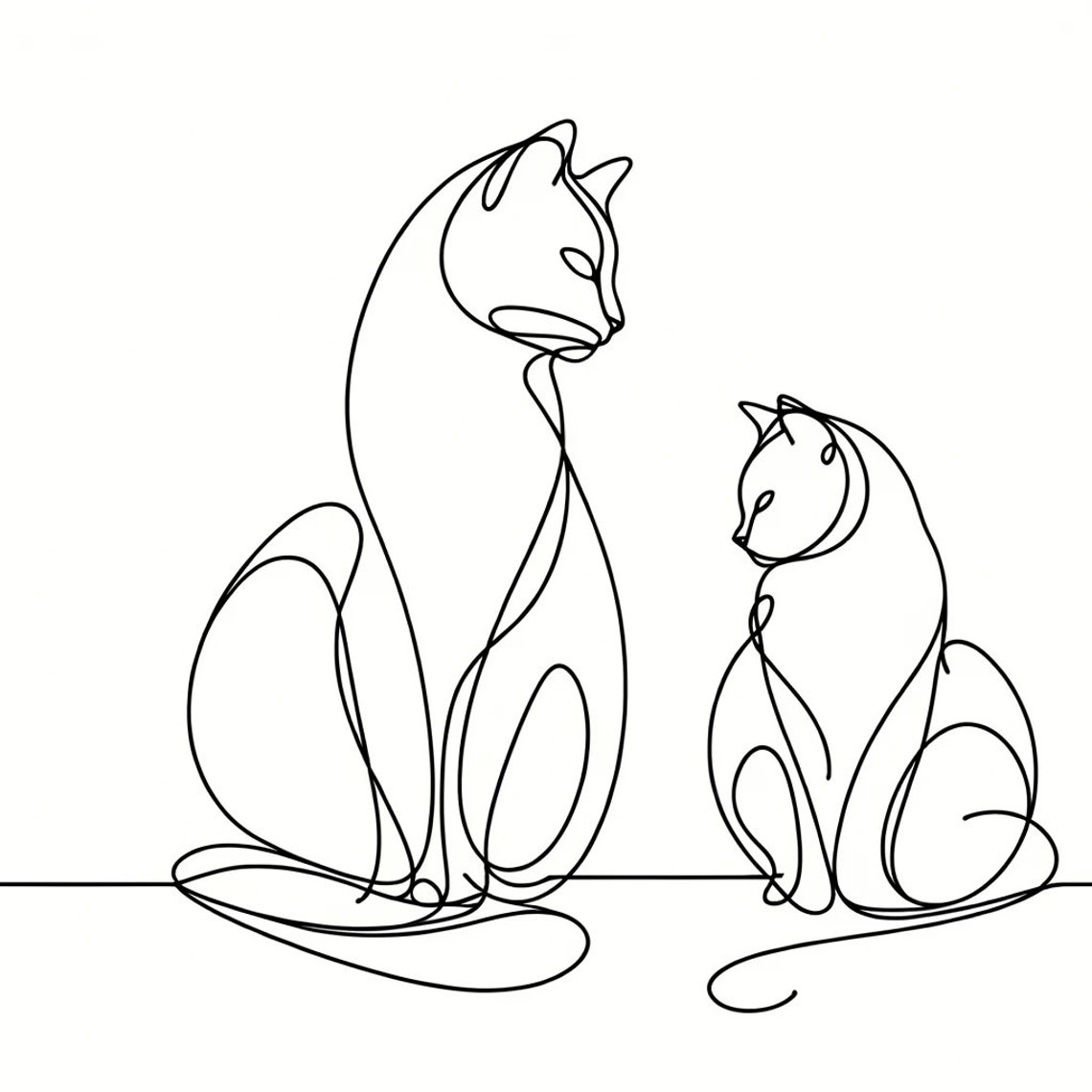 Two Sitting Cats Single Continuous Line Art Minimalist Poster