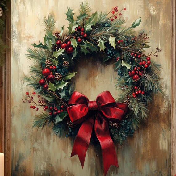 Vintage Mistletoe Christmas Wreath Art Print
