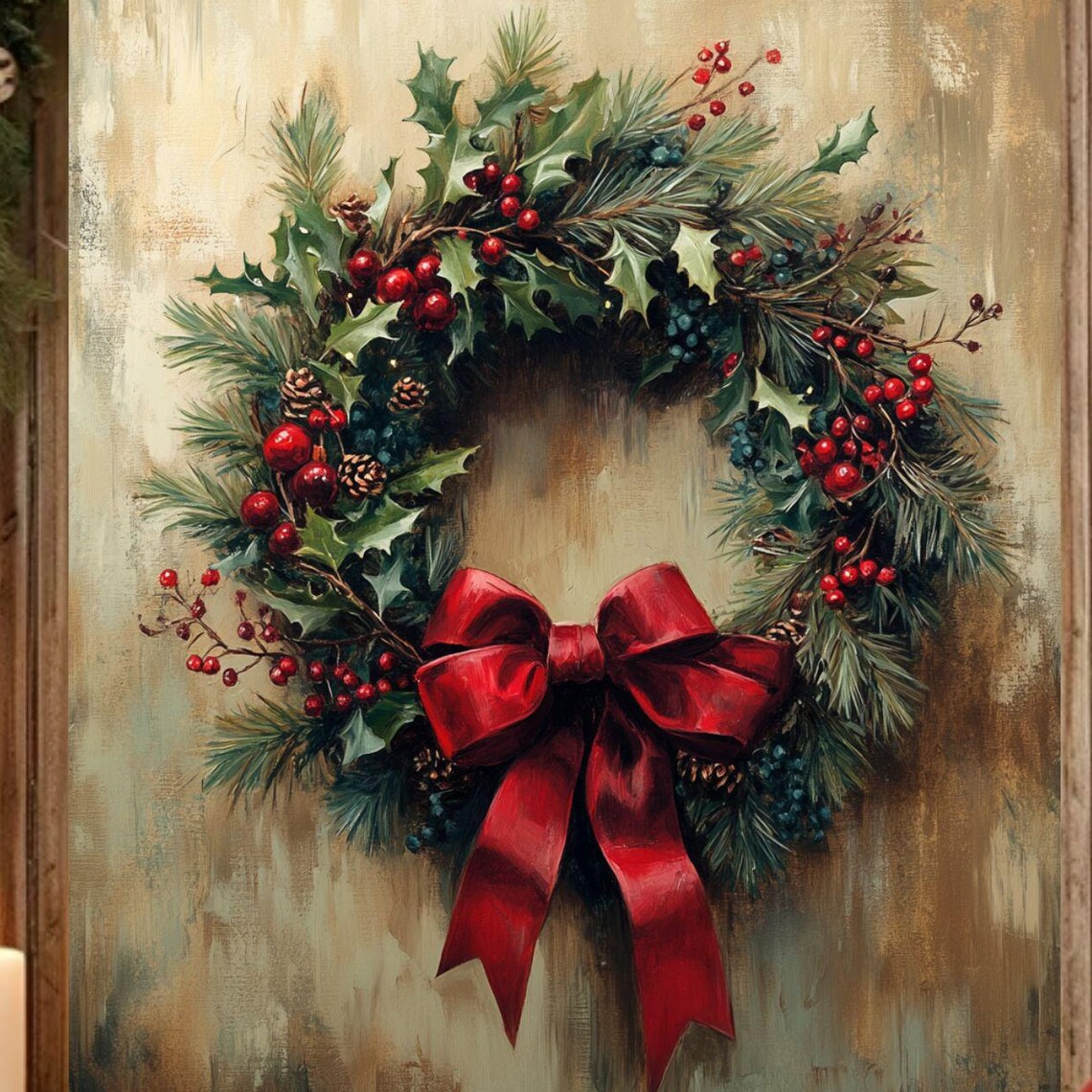 Vintage Mistletoe Christmas Wreath Art Print