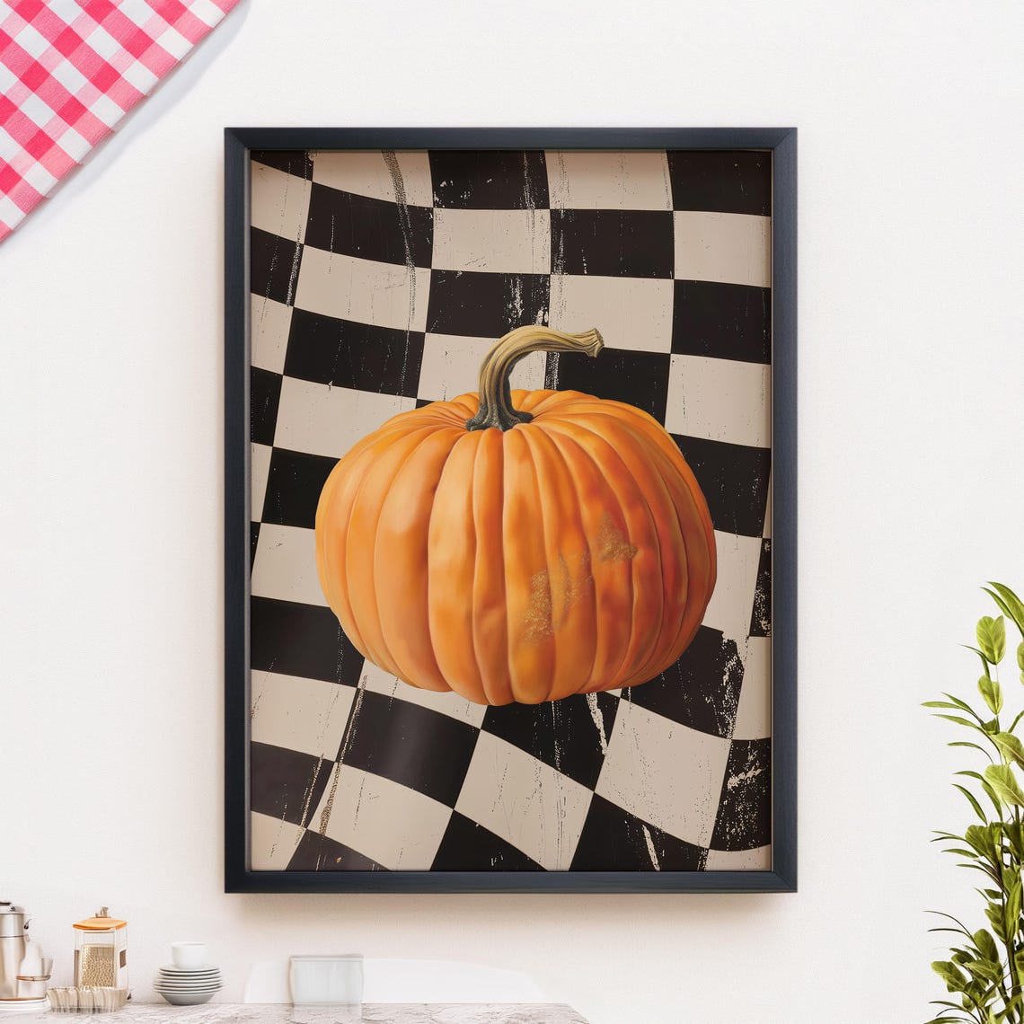 Retro Pumpkin Checkerboard Autumn Kitchen Food Illustration Poster - Image 3