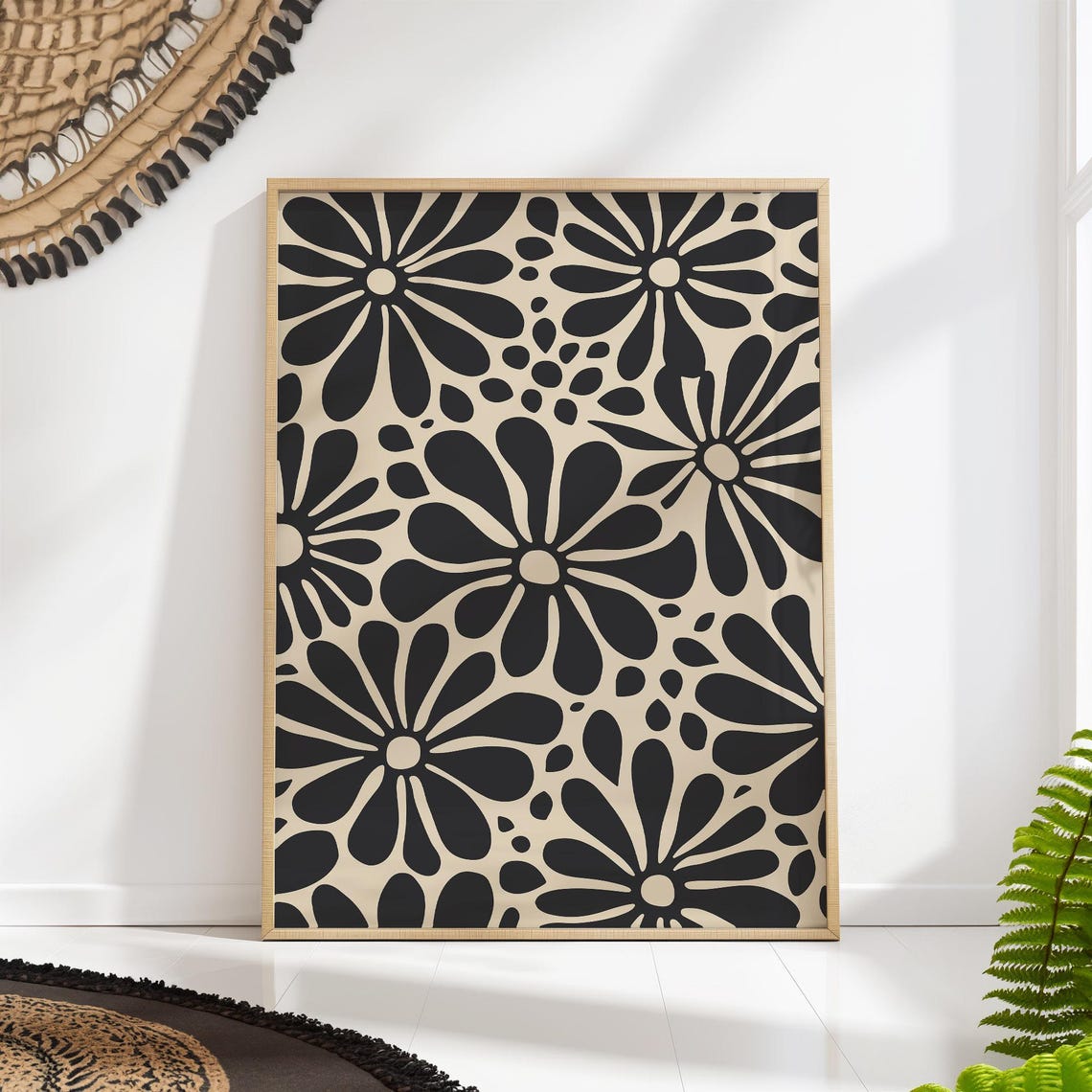 Retro Black And White Daisy Flower Pattern Botanical Art Poster