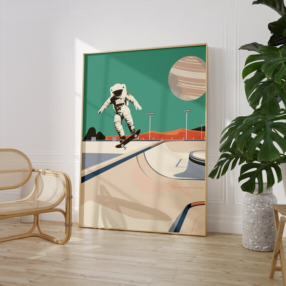 Retro Astronaut Skateboarding a Space Skatepark Under Planet Poster