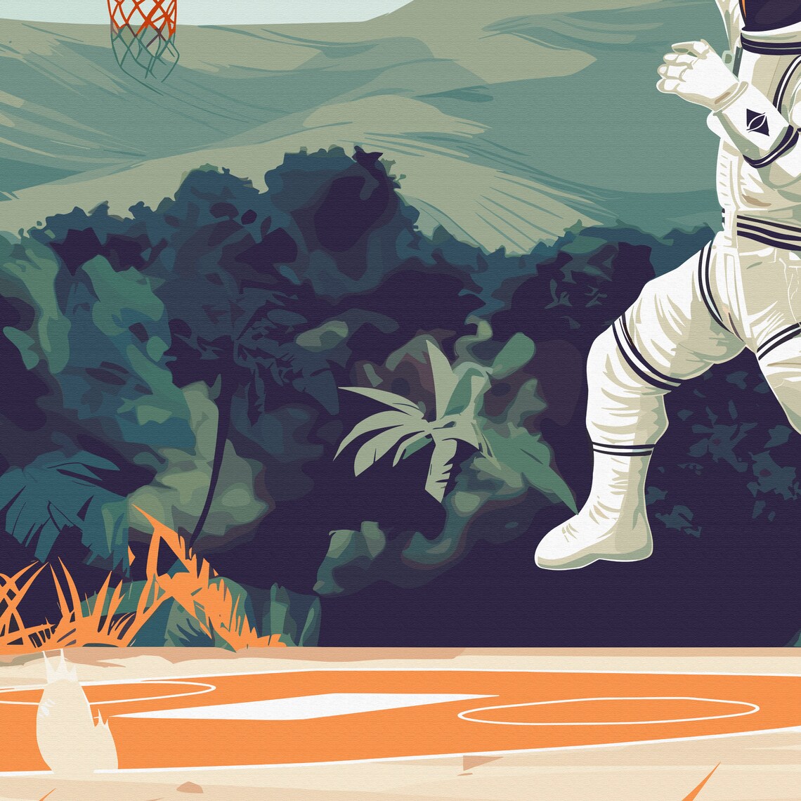 Astronaut Basketball Slam Dunk on a Tropical Palm Court Poster - Image 2