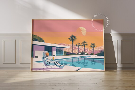 Retro Space Astronaut Pool Print Mid Century Modern Wall Art Sci Fi Palm Springs Decor Printed On Luxury Paper