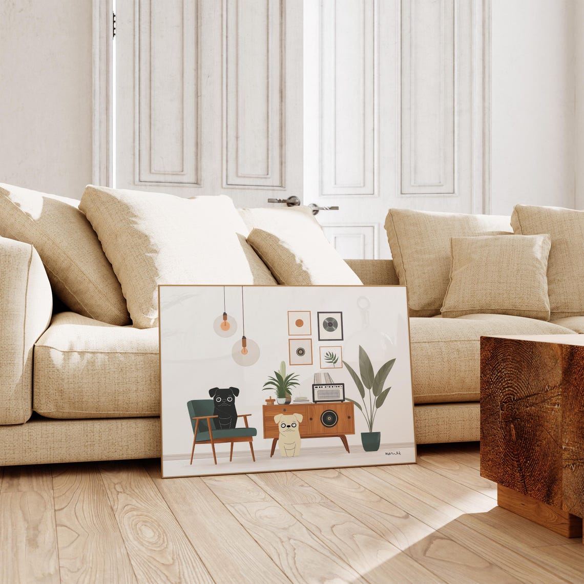 Two Pugs Relaxing in a Mid Century Modern Vinyl Music Room Poster - Image 3