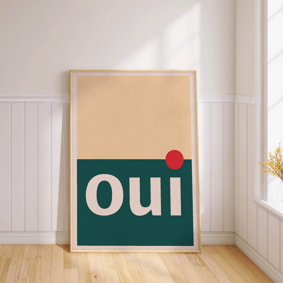 Oui Minimalist French Typography with Red Sun Modern Statement Poster