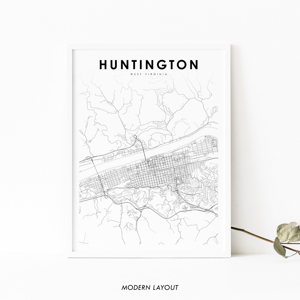 Huntington WV Map Art Print, West Virginia City Street Road