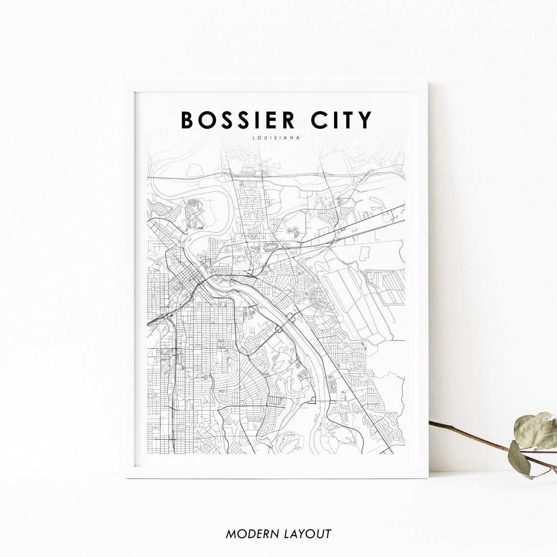 Bossier City Louisiana Minimalist Black White City Map Poster