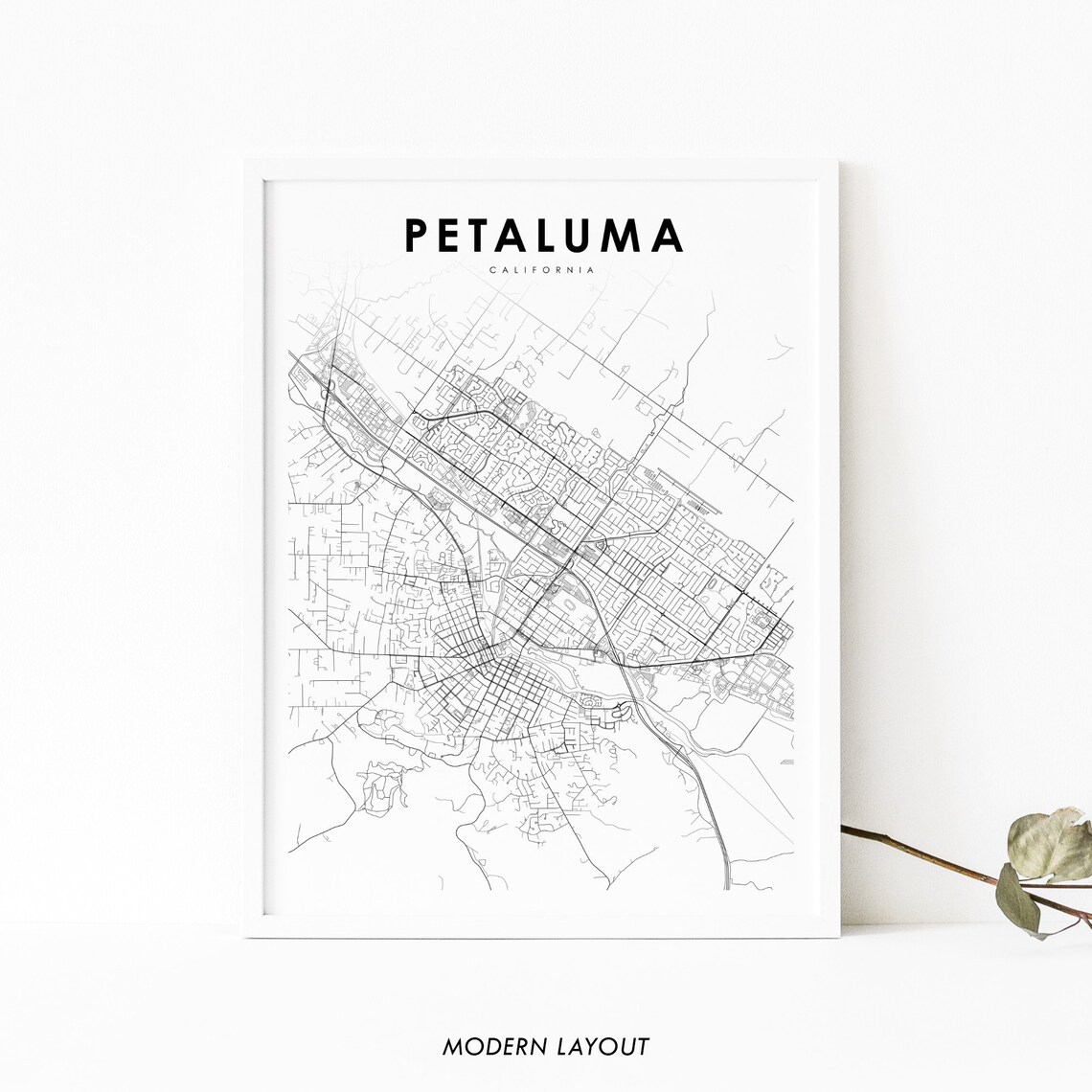 Petaluma California Minimalist Black And White City Street Map Poster